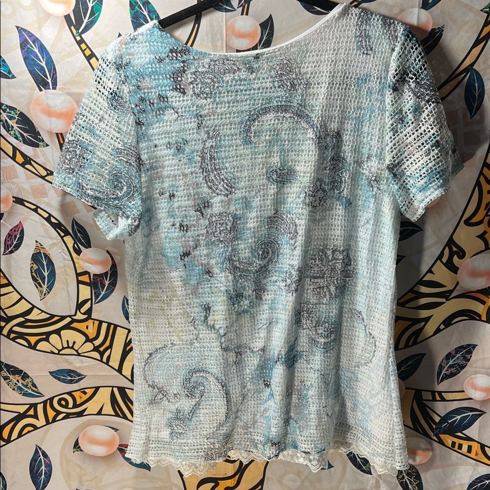 ONE WORLD Blue and Gray Patterned Blouse - Size L - Picture 6 of 8